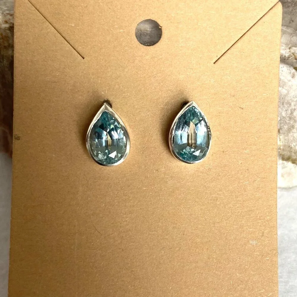 Sterling Silver 925 14K Gold Pear Shaped Chunky Blue Topaz Stud Earrings
